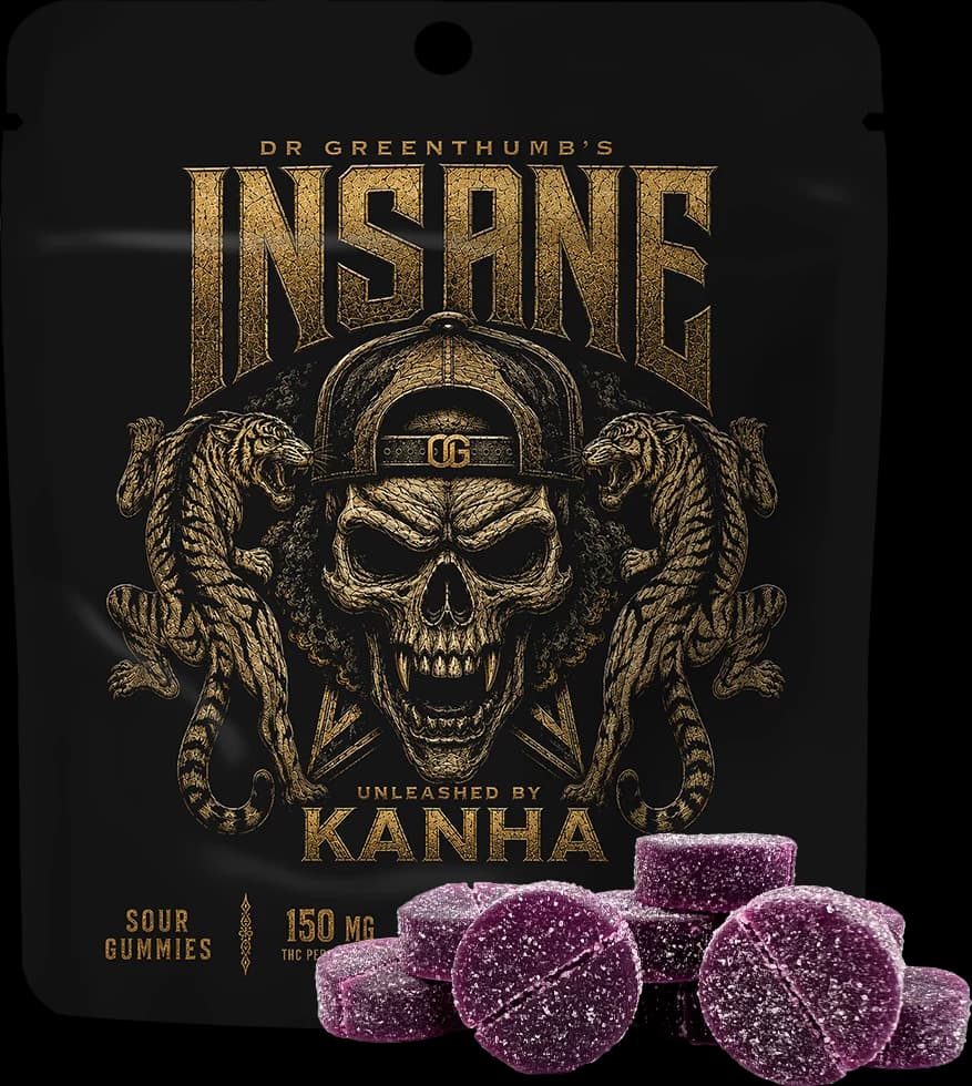 INSANE by KANHA Sour Black Cherry pouch with purple gummies