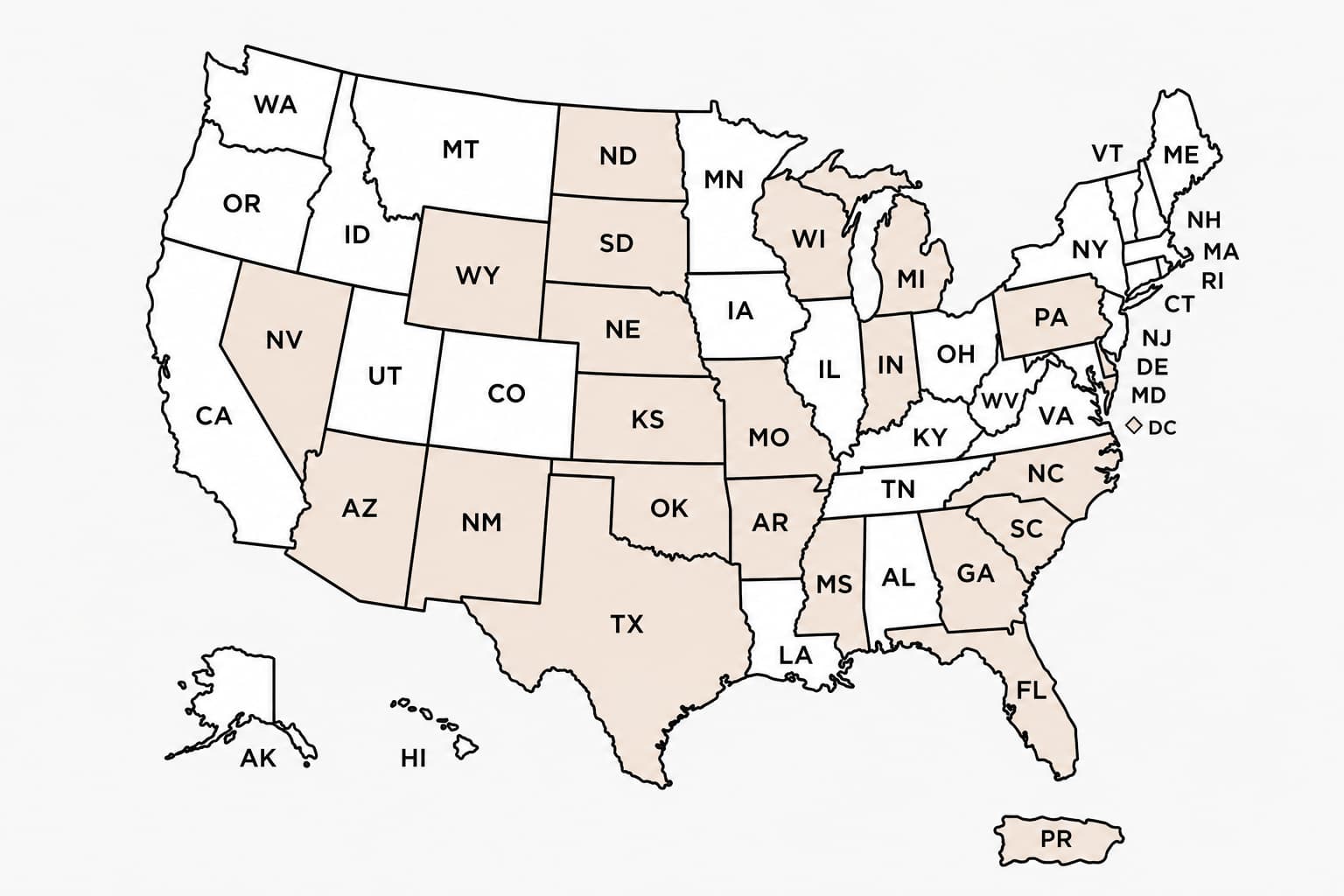 United States map showing the approved states where INSANE gummies can ship, plus Washington, D.C. and Puerto Rico